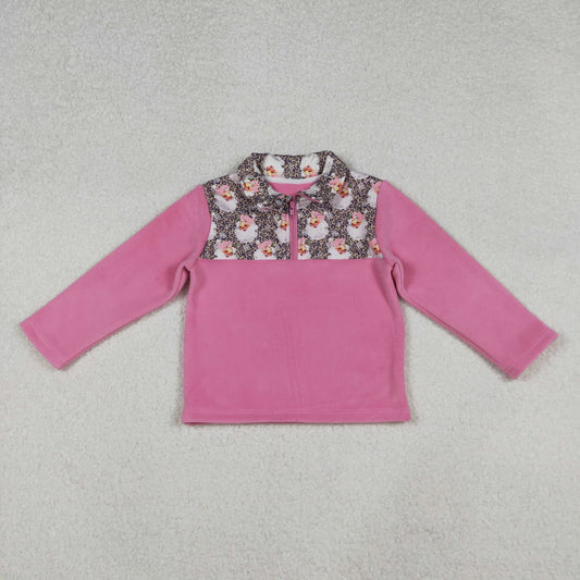 GT1151 Santa Pink Print Girls Christmas Zipper Thick Pullover Top