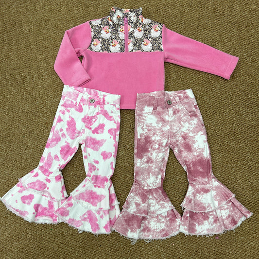 GT1151+P0399+P0406 Santa Pink Zipper Thick Pullover Top Tie-dye Denim Bell Jeans Girls Christmas Clothes Set Sisters Wear