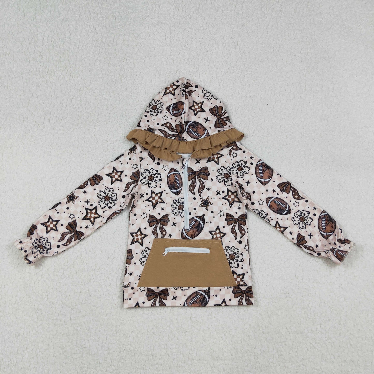 GT1152 Football Flowers Bows Print Girls Fall Hoodie Zipper Top