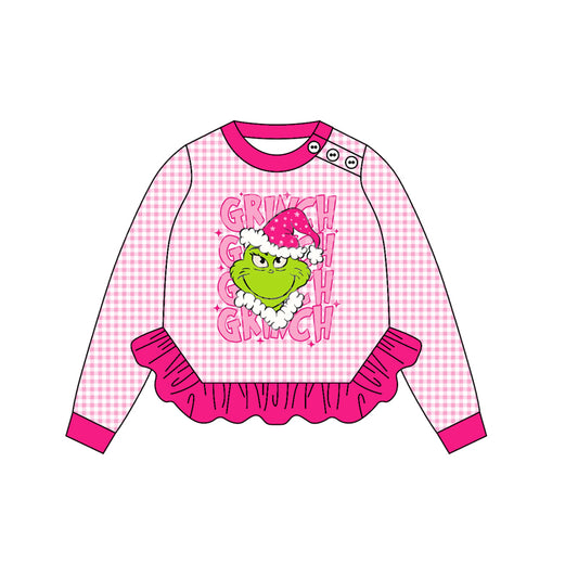 (Pre-order)GT1154 Green Frog Pink Plaid Print Girls Christmas Tee Shirts Top