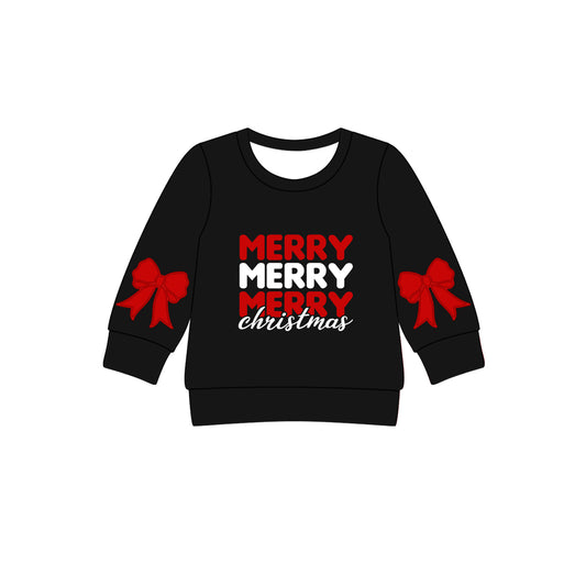 (Pre-order)GT1160 Merry Christmas Bows Black Print Girls Long Sleeve Tee Shirts Top