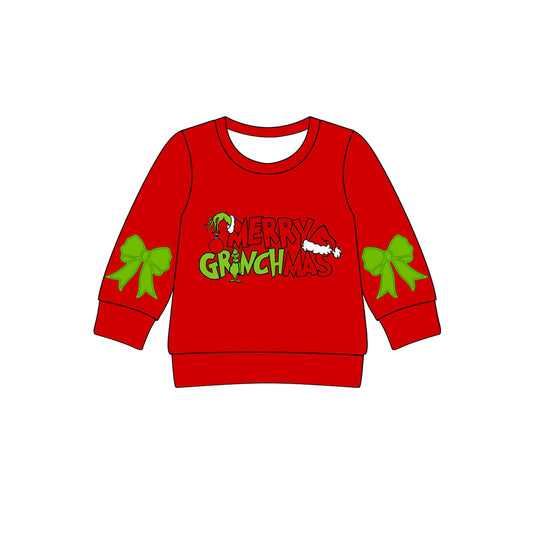 (Pre-order)GT1161 Merry Christmas Bows Red Print Girls Long Sleeve Tee Shirts Top