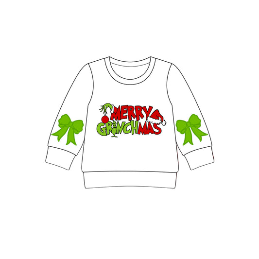 (Pre-order)GT1162 Merry Christmas Bows White Print Girls Long Sleeve Tee Shirts Top