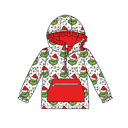 (Pre-order)GT1163 Green Frog Lights Print Girls Zipper Pockets Christmas Hoodie Top