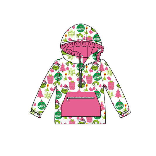 (Pre-order)GT1164 Green Frog Lights Print Girls Zipper Pockets Christmas Hoodie Top
