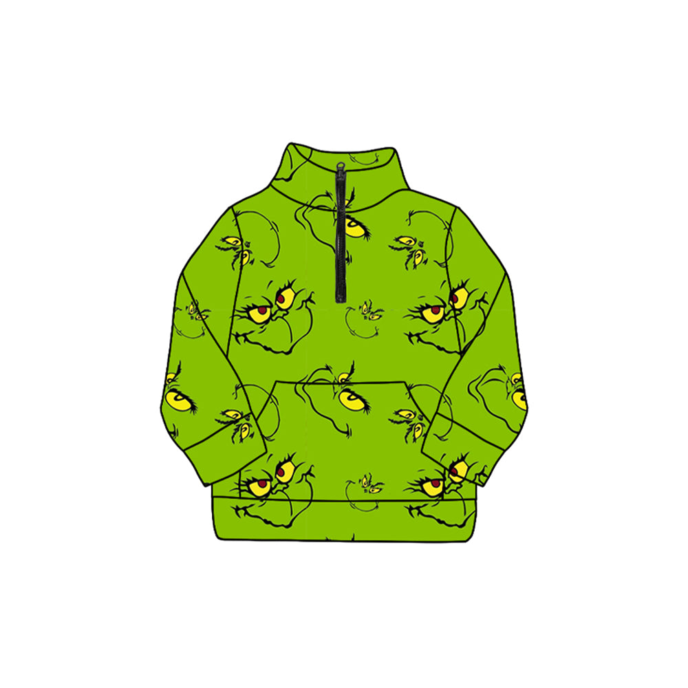 (Pre-order)GT1170 Green Frog Smiling Face Print Girls Christmas Zipper Pullover Top