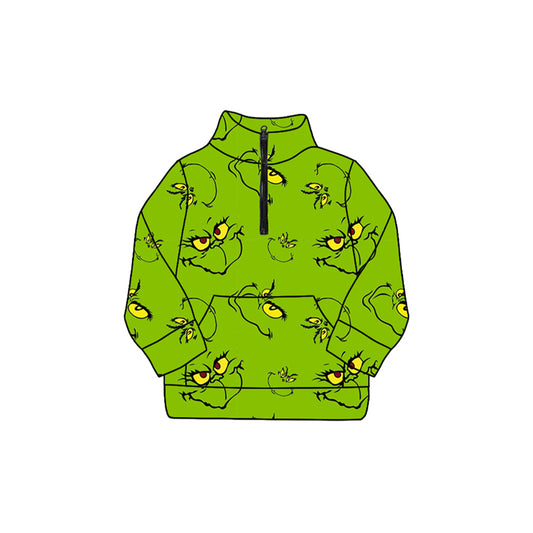 (Pre-order)GT1170 Green Frog Smiling Face Print Girls Christmas Zipper Pullover Top