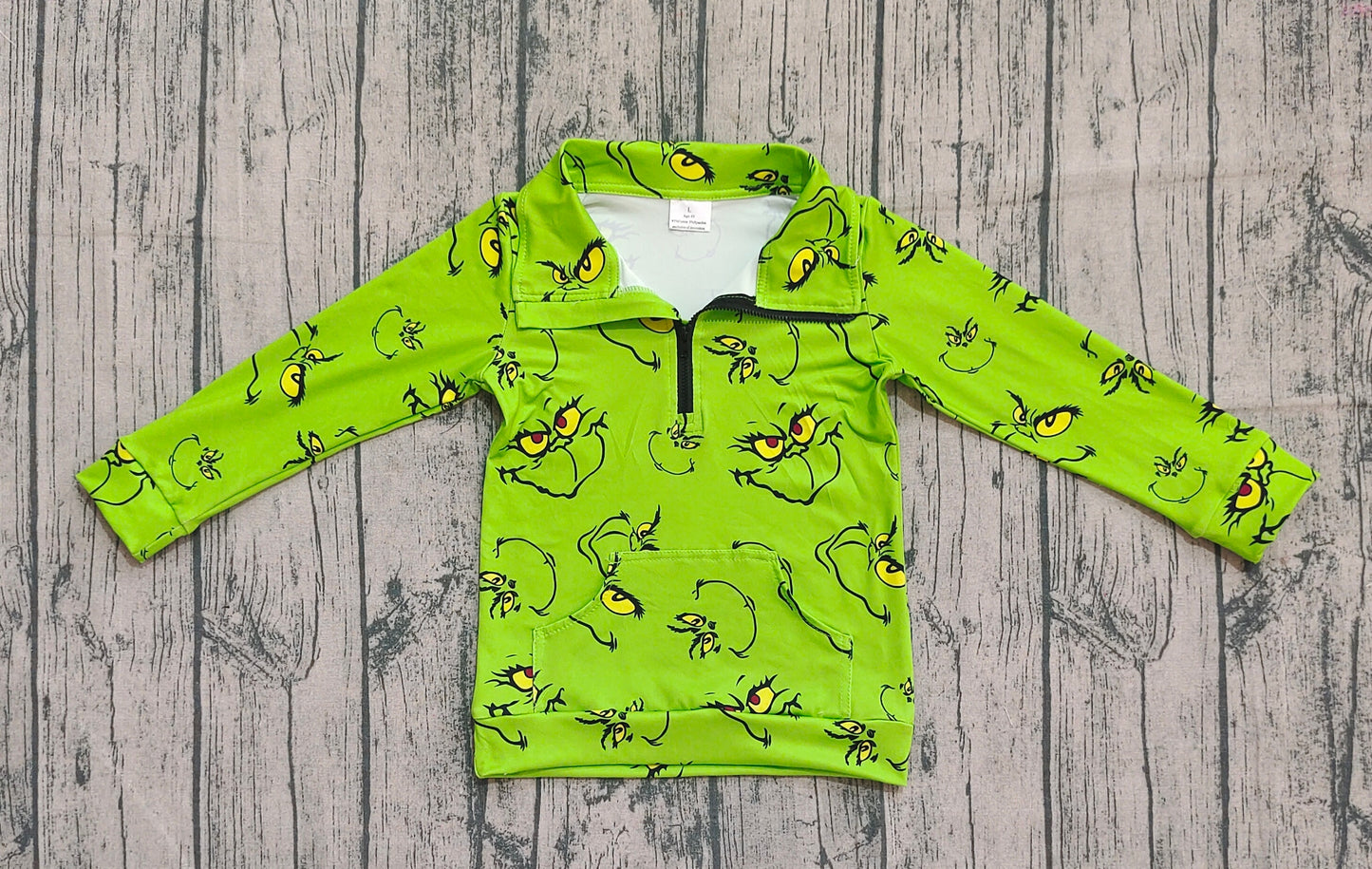 (Pre-order)GT1170 Green Frog Smiling Face Print Girls Christmas Zipper Pullover Top
