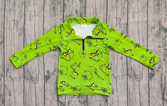 (Pre-order)GT1170 Green Frog Smiling Face Print Girls Christmas Zipper Pullover Top