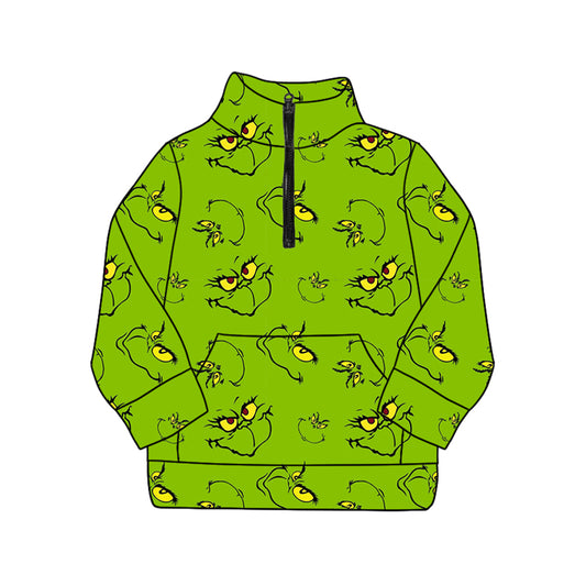 (Pre-order)GT1173 Adult Green Frog Smiling Face Print Woman Christmas Zipper Pullover Top