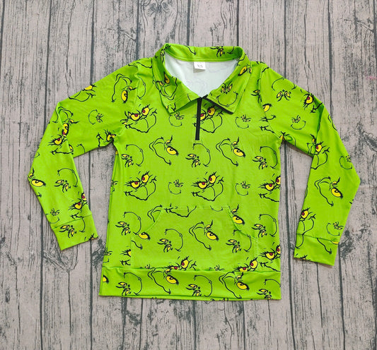 (Pre-order)GT1173 Adult Green Frog Smiling Face Print Woman Christmas Zipper Pullover Top