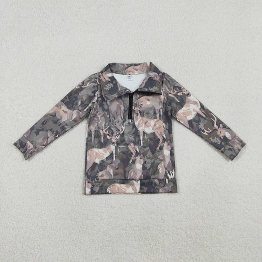 GT1180 Deer Camo Print Girls Zipper Pullover Yoga Top