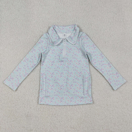 GT1182 Small Flowers Blue Print Pockets Girls Zipper Pullover Yoga Top