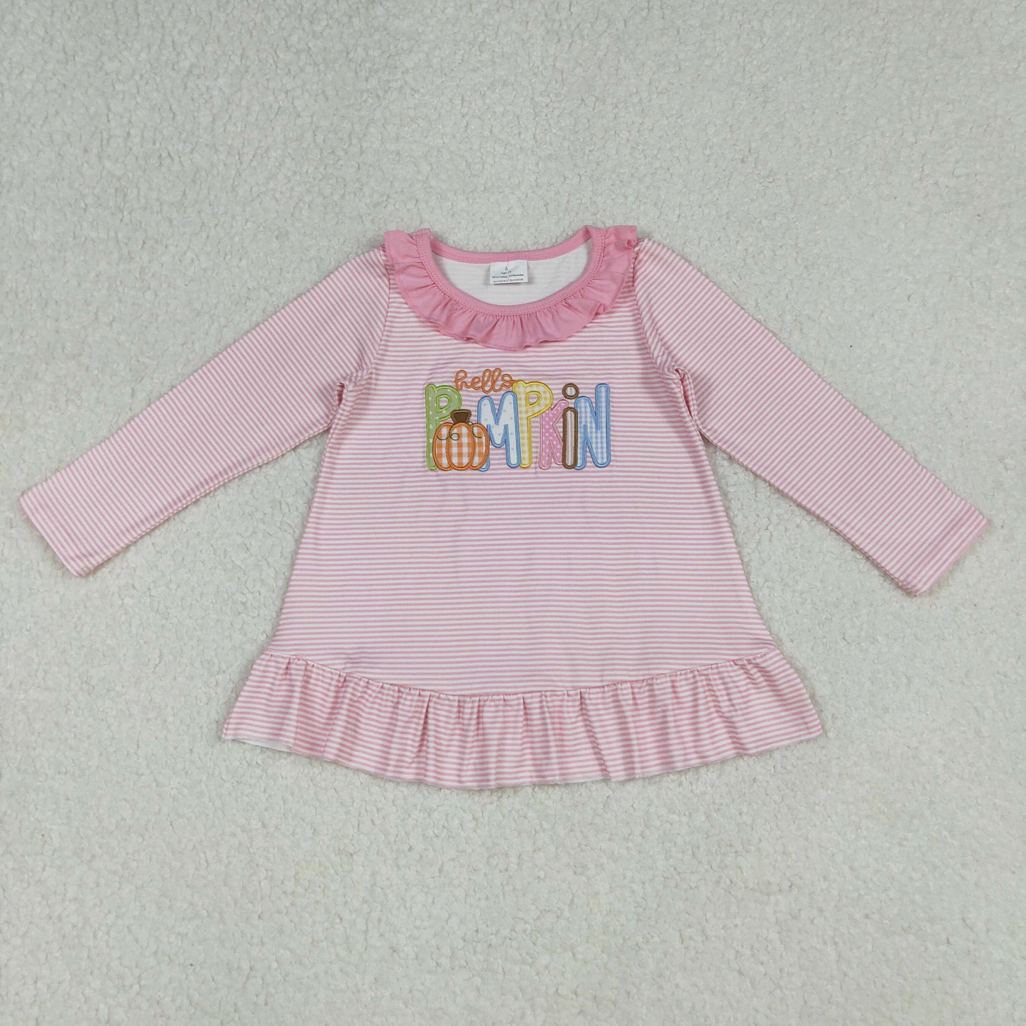 GT1183 Hello Pumpkin Embroidery Pink Stripes Print Girls Fall Tee Shirts Top