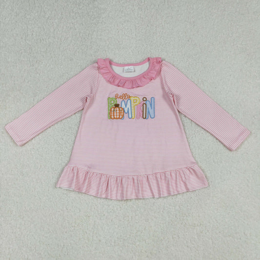 GT1183 Hello Pumpkin Embroidery Pink Stripes Print Girls Fall Tee Shirts Top