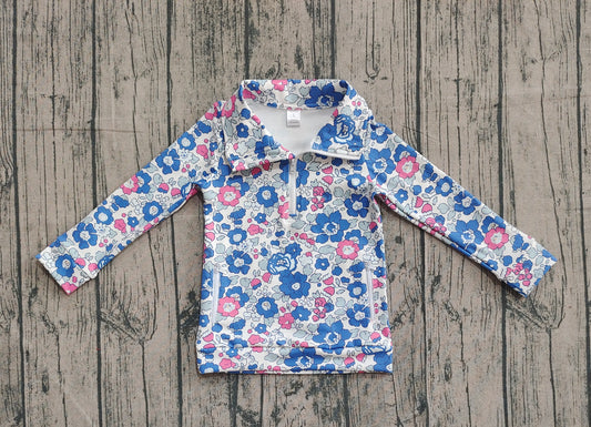 (Pre-order)GT1192 Blue Flowers Print Girls Fall Zipper Pullover Pockets Top