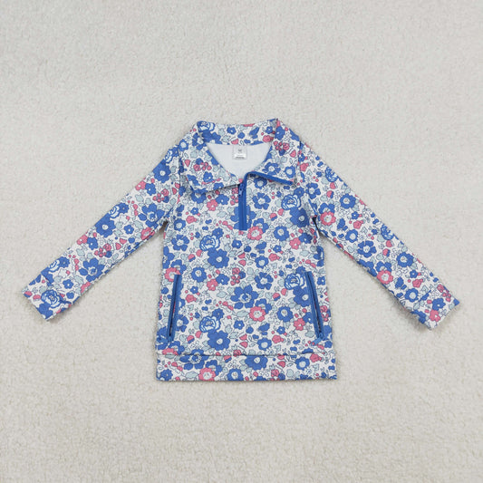 GT1192 Blue Flowers Print Girls Fall Zipper Pullover Pockets Yoga Top