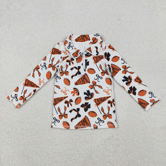 GT1197 Go Team Cheer Bows Orange Print Girls Fall Zipper Pullover Yoga Top
