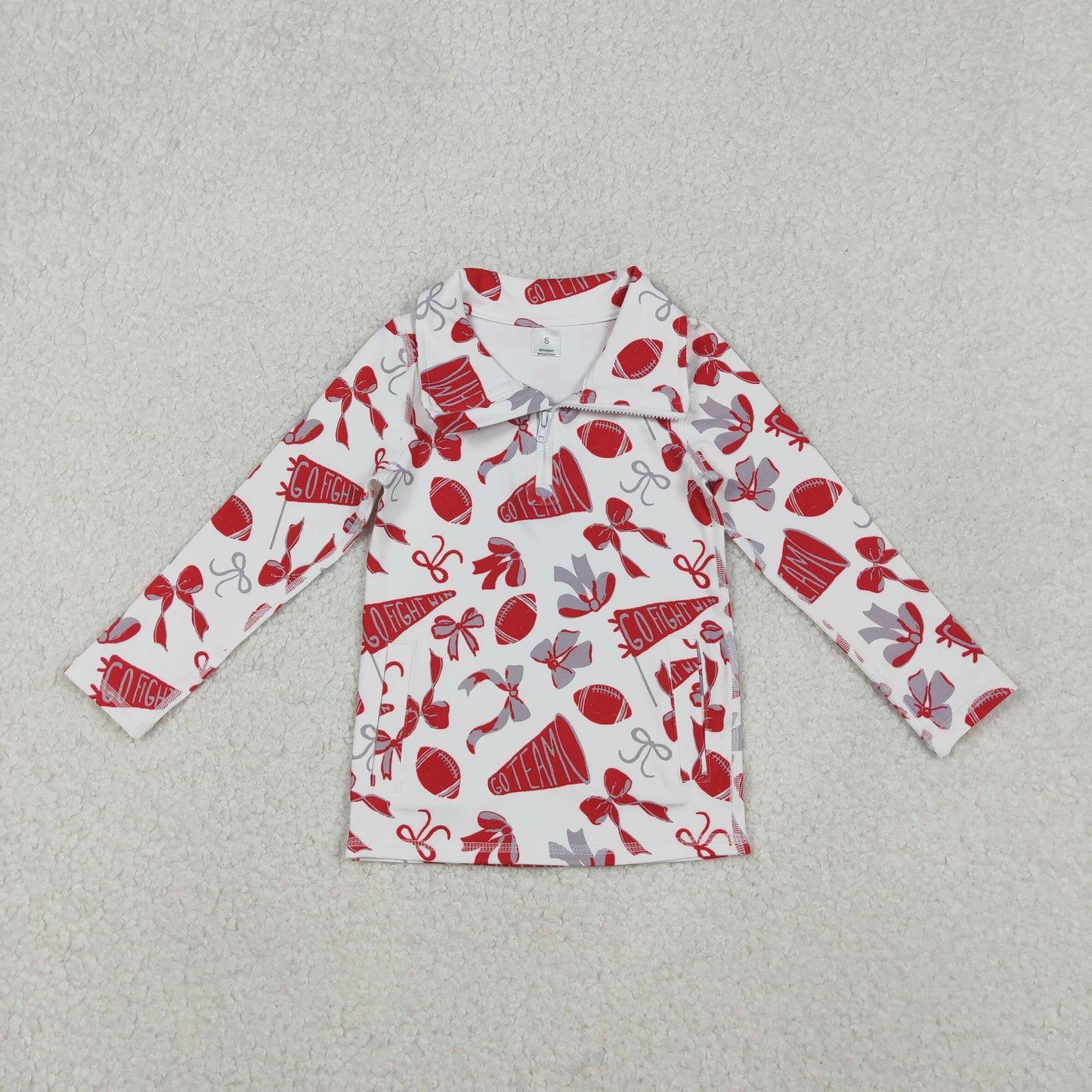 GT1198 Go Team Cheer Bows Red Print Girls Fall Zipper Pullover Yoga Top