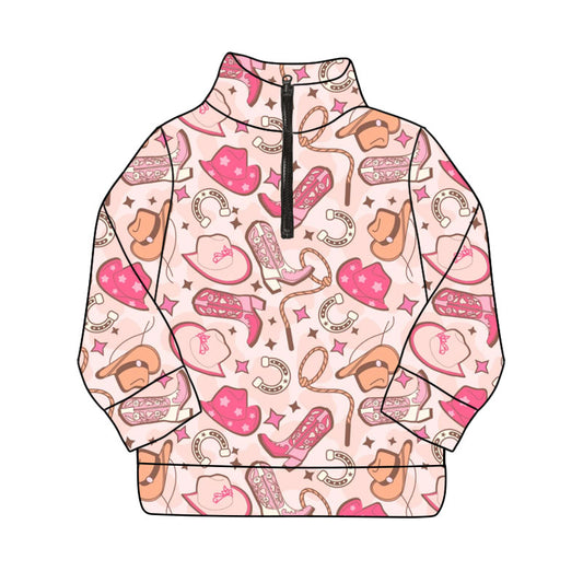 (Pre-order)GT1210 Boots Hat Western Print Girls Fall Zipper Pullover Yoga Top