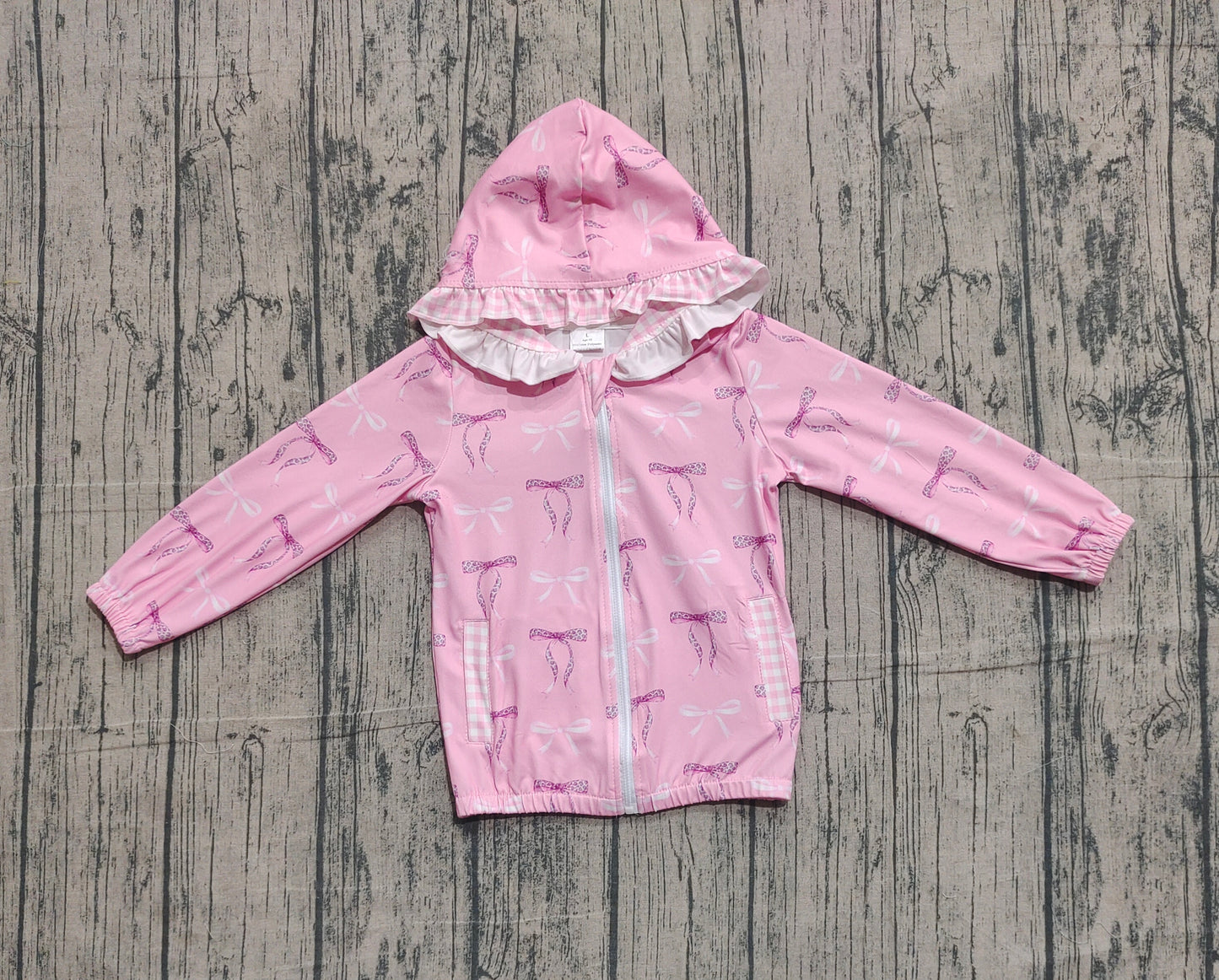 (Pre-order)GT1217 Pink Bows Print Girls Zipper Pockets Hoodie Jacket Top