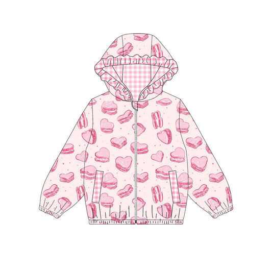 (Pre-order)GT1218 Pink Heart Macaroon Print Girls Valentine's Day Zipper Pockets Hoodie Jacket Top