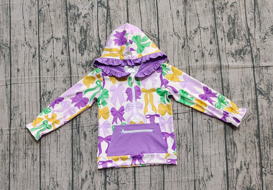 (Pre-order)GT1222 Colorful Bows Print Girls Mardi Gras Zipper Pockets Hoodie Top