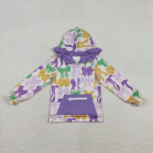 GT1222 Colorful Bows Print Girls Mardi Gras Zipper Pockets Hoodie Top