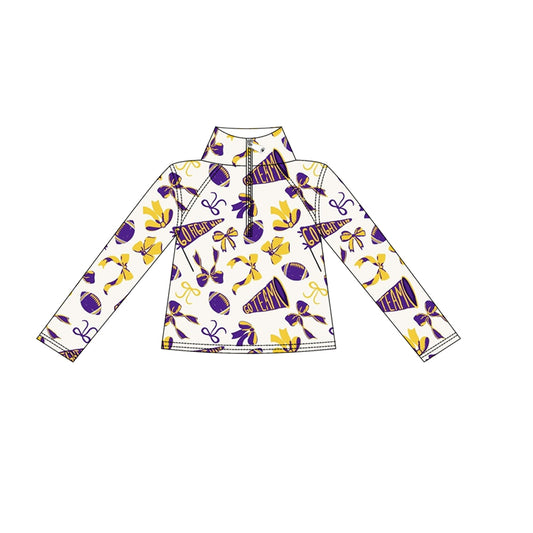 (Pre-order)GT1226 Go Team Cheer Bows Purple Print Girls Fall Zipper Pullover Yoga Top