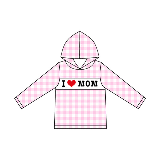 (Pre-order)GT1228 I LOVE MOM Pink Plaid Print Girls Long Sleeve Hoodie Top