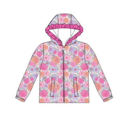 (Pre-order)GT1230 Hot Pink Print Pockets Girls Long Sleeve Zipper Hoodie Jackets Top