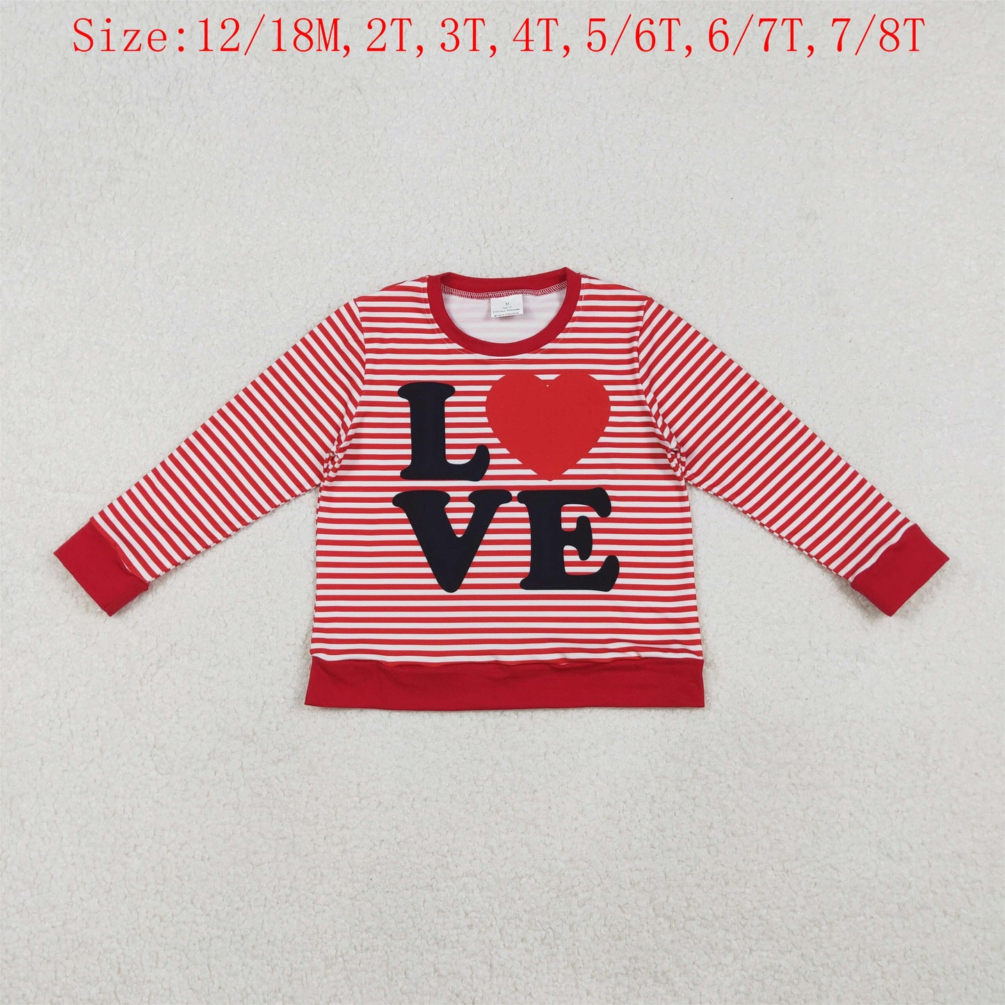 GT1235 LOVE Heart Red Stripes Print Girls Valentine's Day Long Sleeve Tee Shirts Top