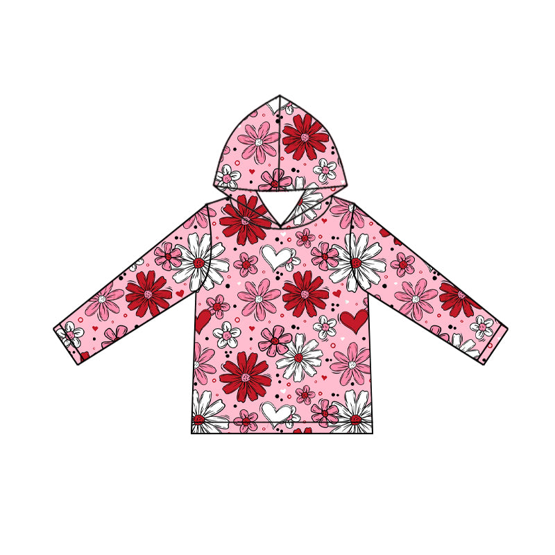 (Pre-order)GT1239 Heart Flowers Pink Print Girls Valentine's Day Hoodie Top