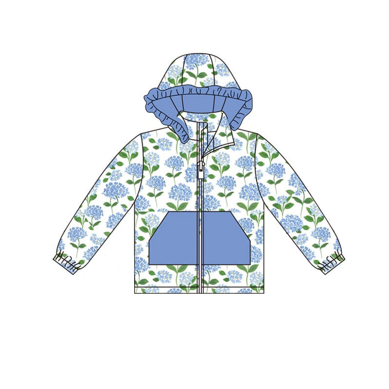(Pre-order)GT1245 Flowers Blue Print Girls Long Sleeve Zipper Hoodie Pockets Jackets Top
