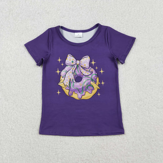 GT1252 Donut Bows Purple Print Girls Mardi Gras Tee Shirts Top