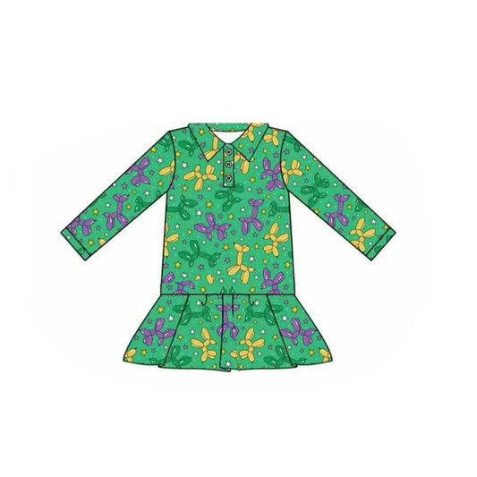 (Pre-order)GT1262 Balloon Dog Green Print Girls Mardi Gras Polo Top