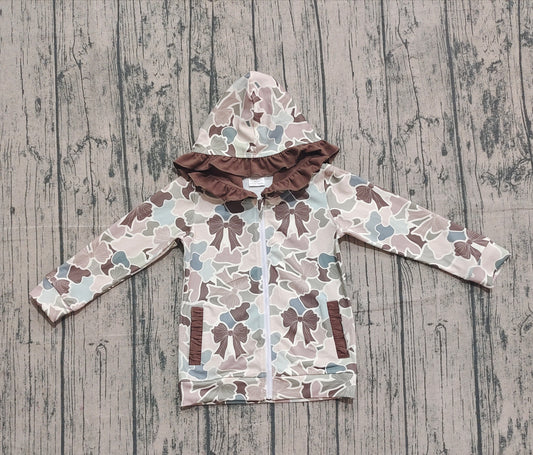 (Pre-order)GT1263 Camo Bows Print Girls Long Sleeve Zipper Hoodie Pockets Jackets Top