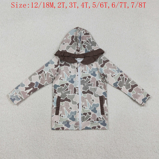 GT1263 Camo Bows Print Girls Long Sleeve Zipper Hoodie Pockets Jackets Top