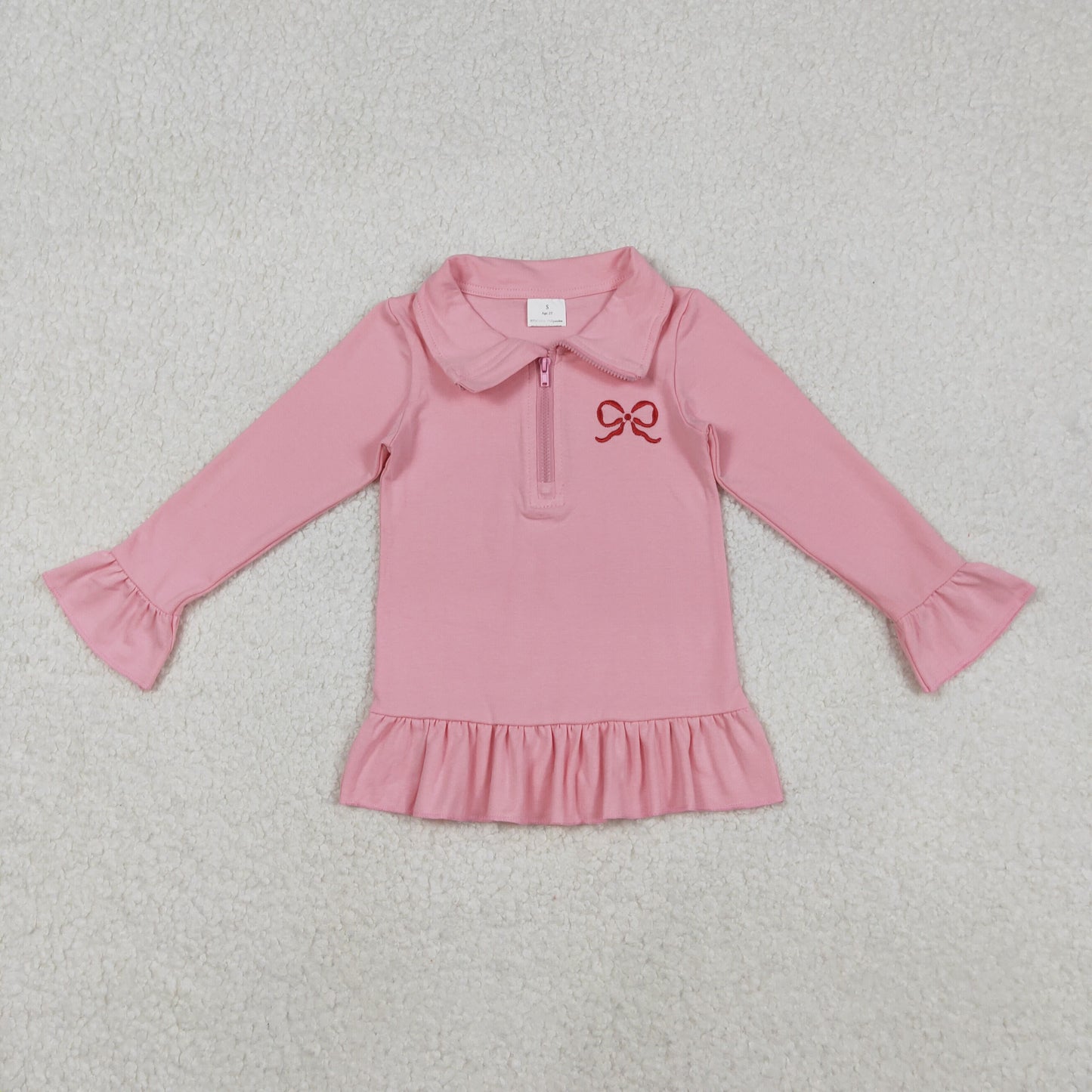 GT1270  Bow Embroidery Pink Girls Valentine's Day Long Sleeve Zipper Pullover Top
