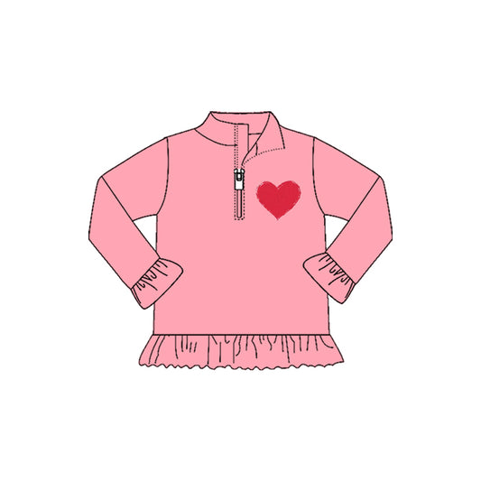 (Pre-order)GT1271 Heart Pink Print Girls Valentine's Day Long Sleeve Zipper Pullover Top