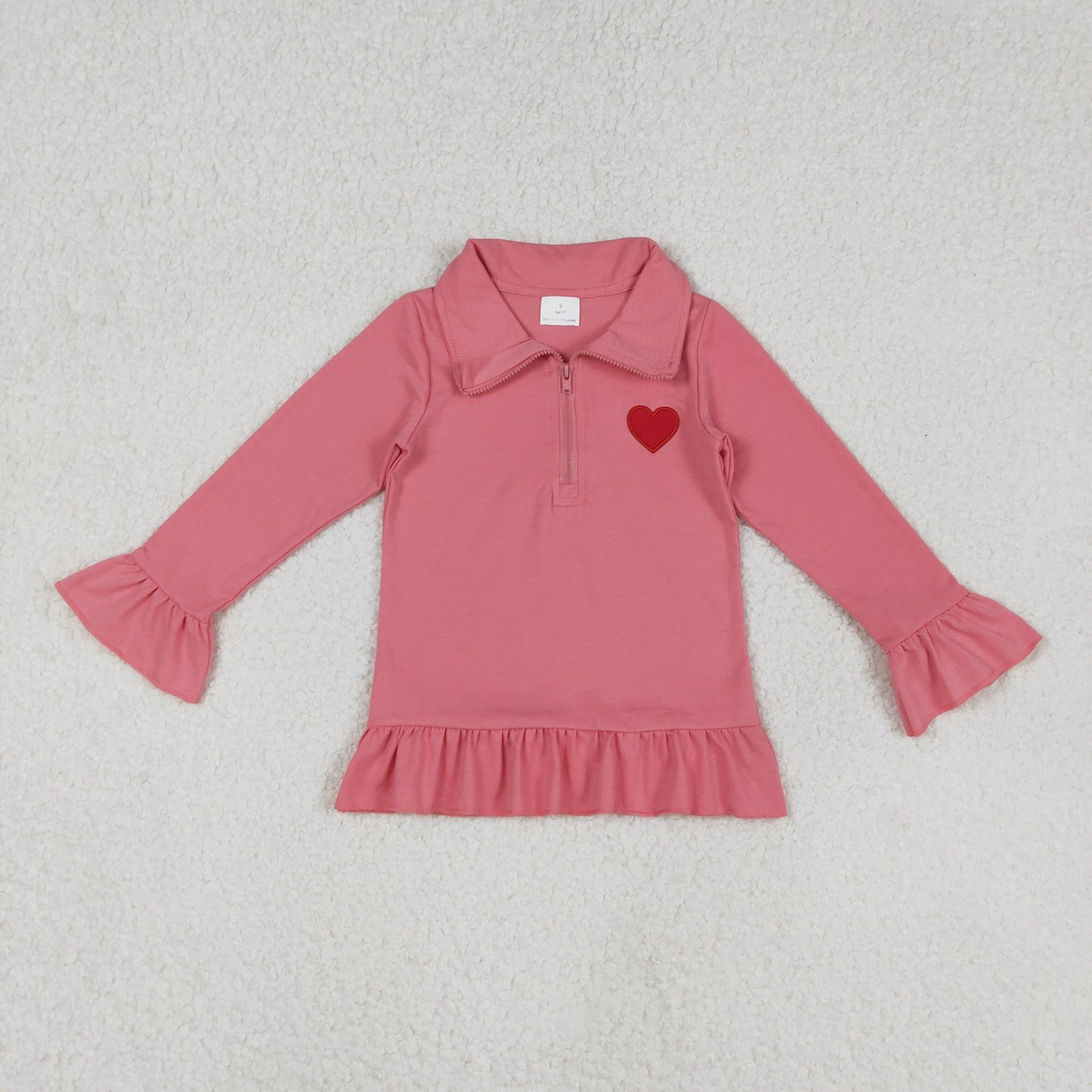 GT1271 Heart Embroidery Pink Color Girls Valentine's Day Long Sleeve Zipper Pullover Top