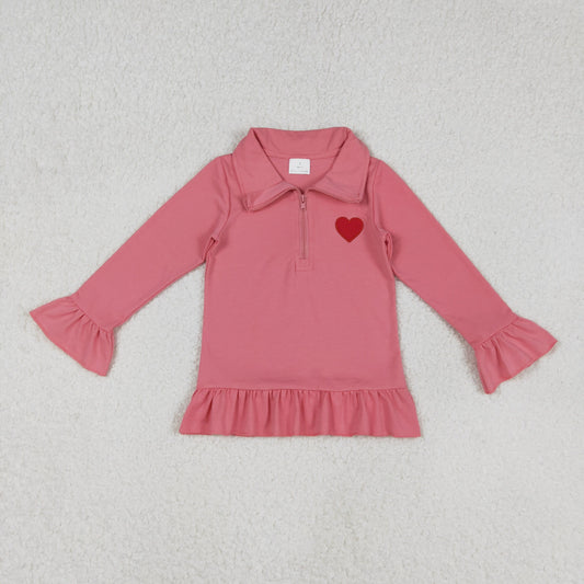 GT1271 Heart Embroidery Pink Color Girls Valentine's Day Long Sleeve Zipper Pullover Top