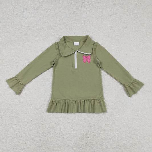GT1272 Pink Bow Embroidery Green Color Girls Long Sleeve Zipper Pullover Top