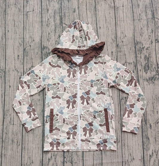 (Pre-order)GT1273 Adult Camo Bows Print Woman Long Sleeve Zipper Hoodie Pockets Jackets Top