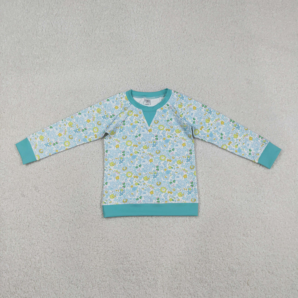 GT1294 Blue Yellow Flowers Print Girls Long Sleeve Yoga Tee Shirts Top