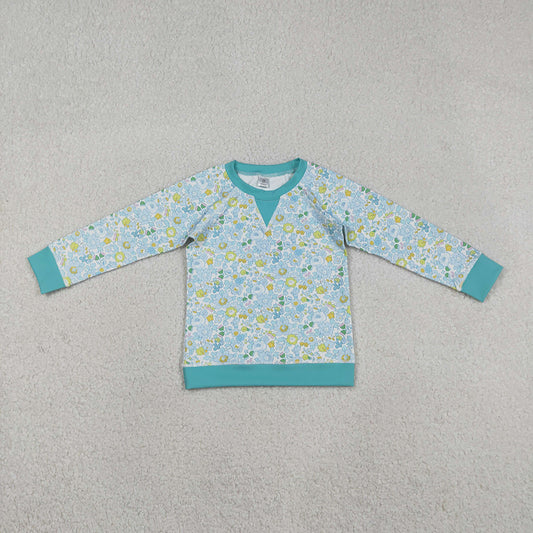 GT1294 Blue Yellow Flowers Print Girls Long Sleeve Yoga Tee Shirts Top