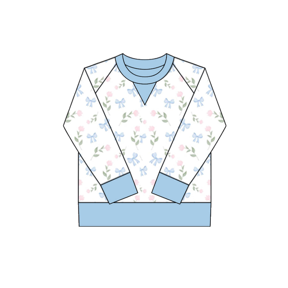 (Pre-order)GT1295 Blue Bows Flowers Print Girls Long Sleeve Yoga Tee Shirts Top