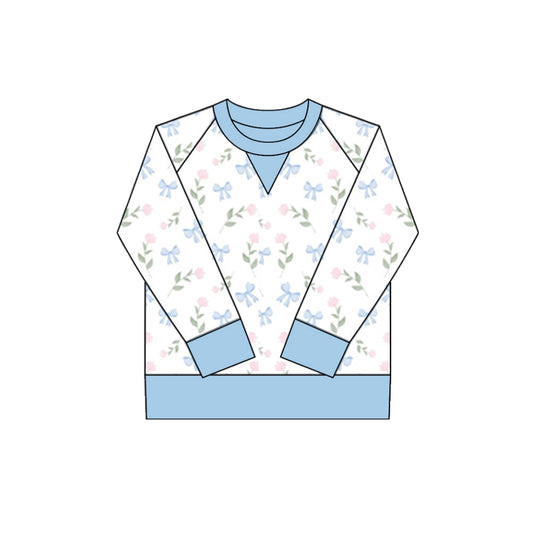 (Pre-order)GT1295 Blue Bows Flowers Print Girls Long Sleeve Yoga Tee Shirts Top