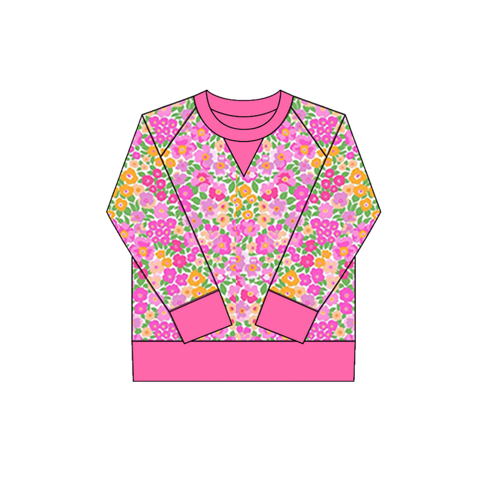 (Pre-order)GT1296 Hot Pink Flowers Print Girls Long Sleeve Yoga Tee Shirts Top