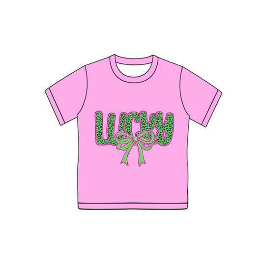 (Pre-order)GT1301 Adult Lucky Leopard Bows Pink Print Woman St. Patrick's Day Tee Shirts Top